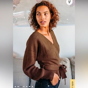 Brown Knit Faux-Wrap Sweater